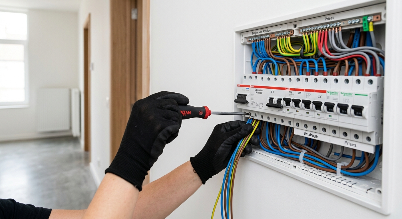 Électricien installant un tableau électrique moderne dans un appartement bruxellois